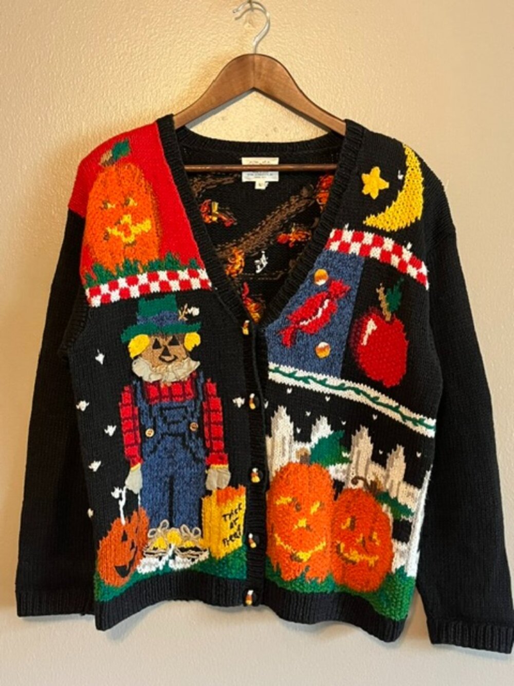 Vintage 90s Susan Bristol Halloween Scarecrow and Pumpkin Cardigan Sweater L